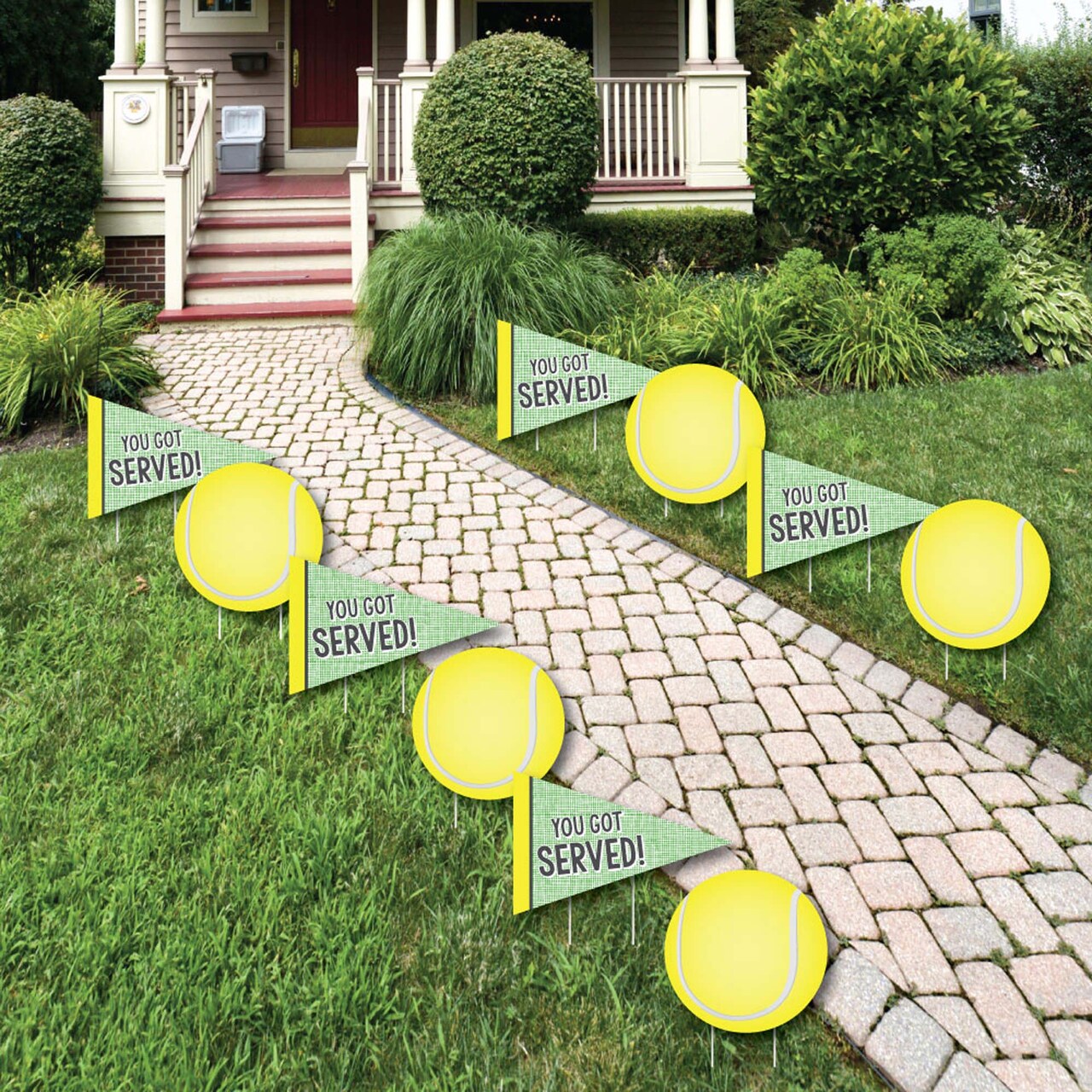 Big Dot of Happiness You Got Served - Tennis - Tennis Ball Lawn Decorations - Outdoor Baby Shower or Birthday Party Yard Decorations - 10 Piece
